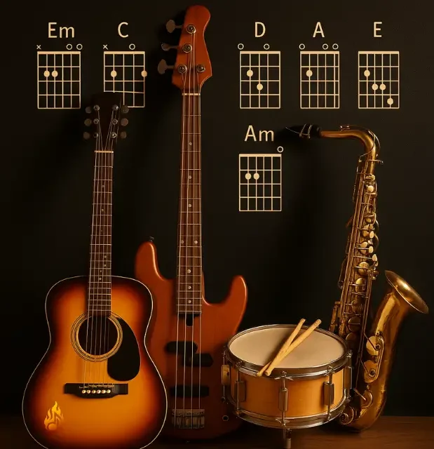 The Ultimate Guide to Chord Progressions: Building Musical Foundations Musical instruments with chord progression charts (Em, C, D, A, E, Am) featuring guitar, bass, drum, and saxophone.