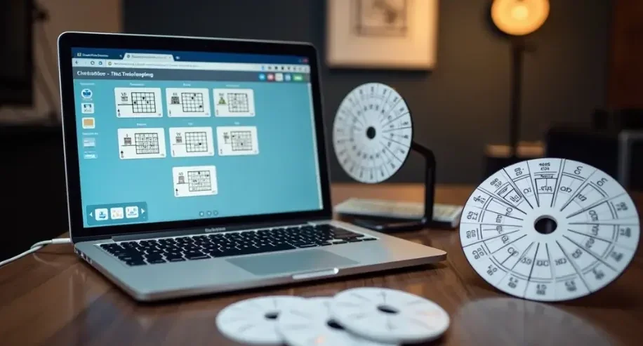 The Ultimate Guide to Chord Progressions: Building Musical Foundations Laptop and chord wheel on desk for learning chord progressions with music theory software.