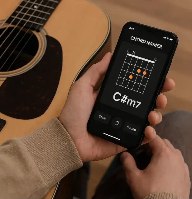 The Ultimate Guide to Chord Progressions: Building Musical Foundations Smartphone displaying C#m7 chord on Chord Namer app with acoustic guitar for chord progression practice.