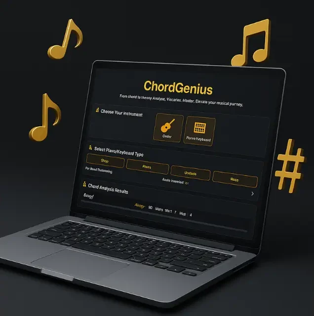 Guitar Chord Finder: The Ultimate Guide for Musicians Laptop screen showing ChordGenius tool interface for Guitar Chord Finder and music analysis