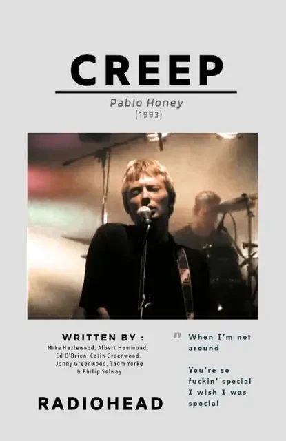 The Ultimate Guide to Chord Progressions: Building Musical Foundations Radiohead performing 'Creep' with chord progression details from Pablo Honey (1993) album, featuring Thom Yorke on vocals.