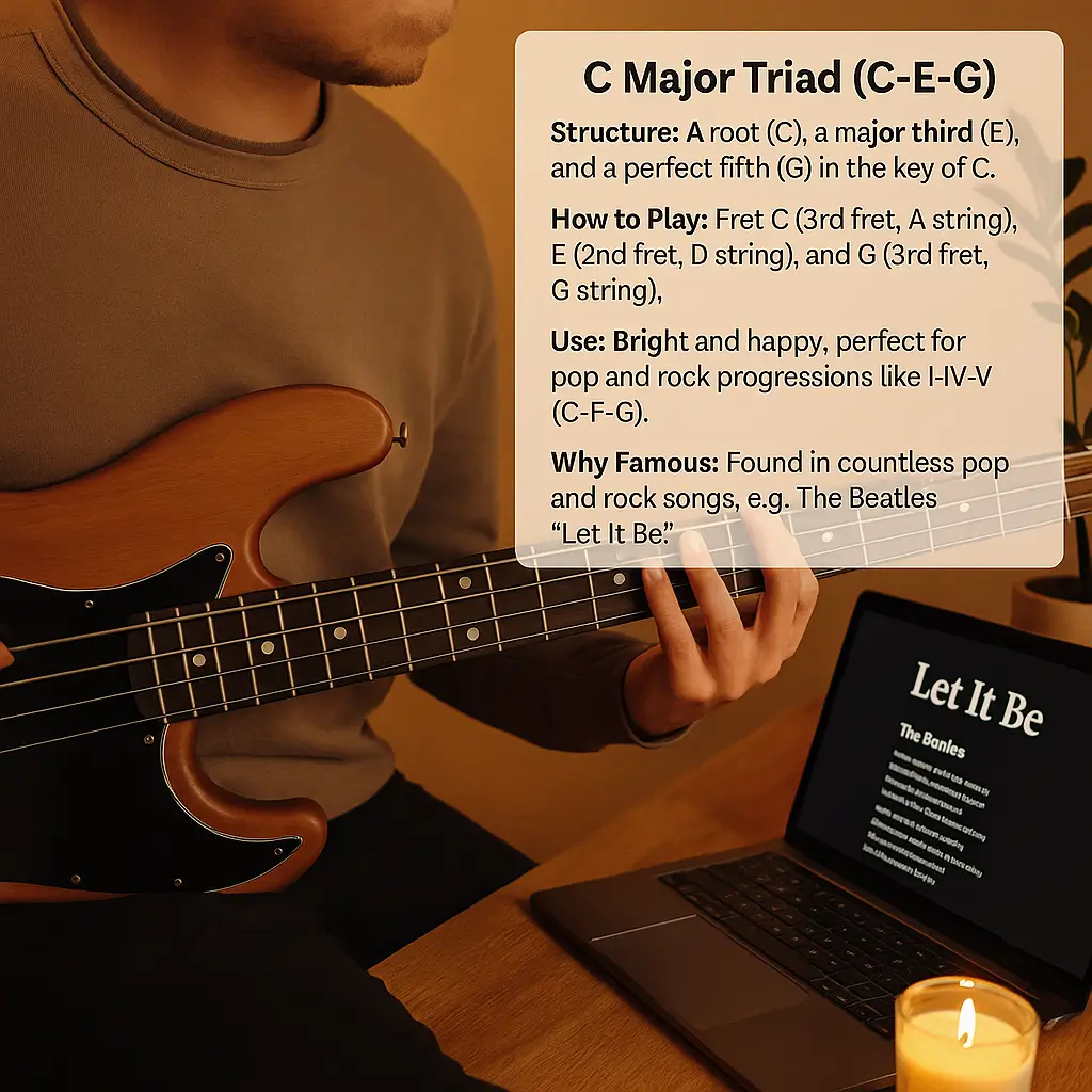 Chords for Bass Guitar: Crush It with Power! "Learn C Major Triad (C-E-G) Chords for Bass Guitar with fret positions and tips for pop and rock songs like The Beatles 'Let It Be'."