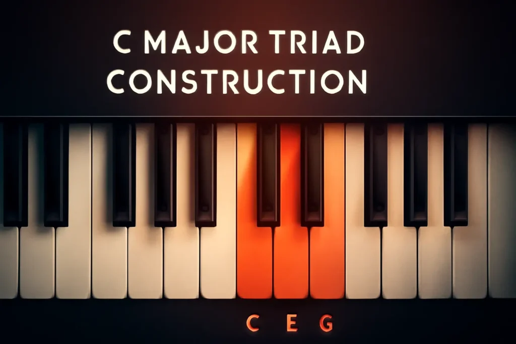 Let's Start With Seventh Chords: Music Lover's Guide C Major Triad construction on piano keyboard with highlighted C, E, and G keys.