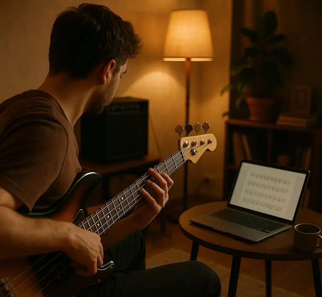 Chords for Bass Guitar: Crush It with Power! "Musician practicing Chords for Bass Guitar with sheet music on laptop in a cozy setup."