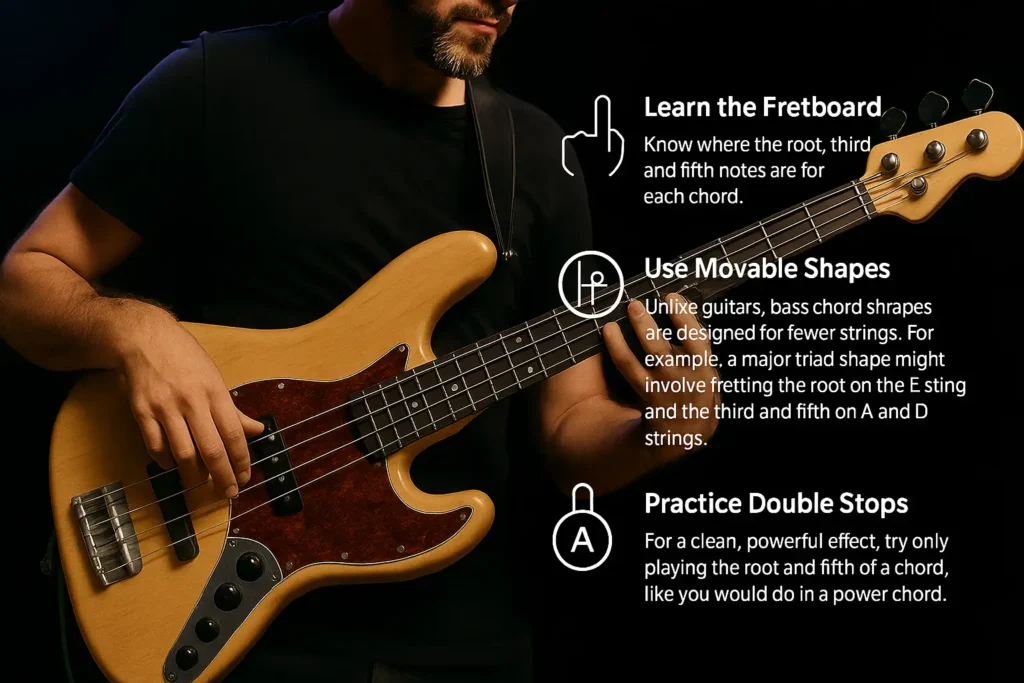 Chords for Bass Guitar: Crush It with Power! Learn Chords for Bass Guitar with fretboard tips, movable shapes, and double stops techniques."