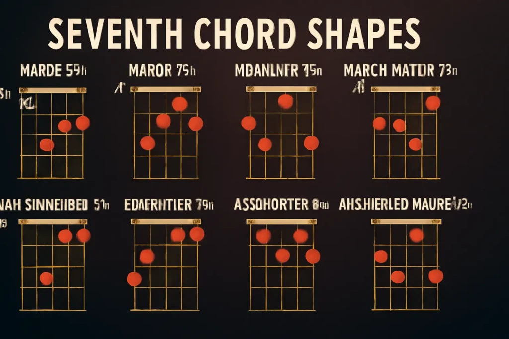 Let's Start With Seventh Chords: Music Lover's Guide Diagram of Seventh Chords shapes for guitar with labeled positions including Major, Minor, and Dominant variations.