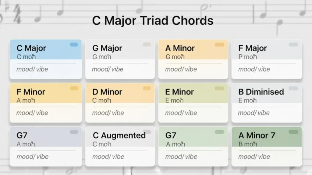 Master Triad Chords: Your Key to Catchy Pop Hits in 2025 C Major Triad Chords chart with major, minor, and diminished chords for music learning.