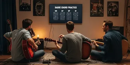 Barre Chords: Your Ultimate Guide to Mastering Guitar Chords Three guitarists practicing Barre Chords together with TV tutorial in cozy room