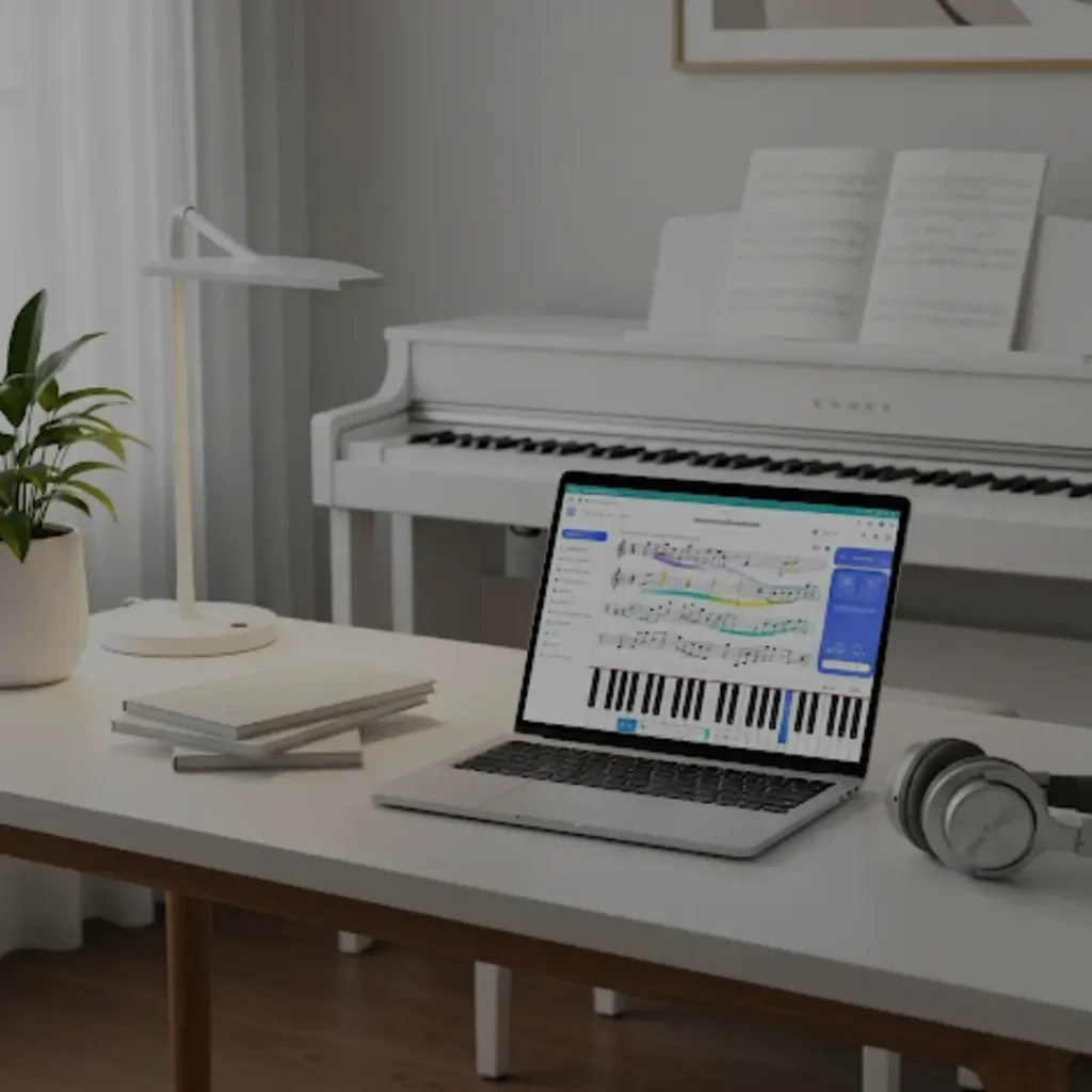 Top Pop Chord Progressions to Master in 2025: Guide to Catchy Hits "A laptop displaying Pop Chord Progressions on a music app, placed on a desk with a piano, books, and headphones."