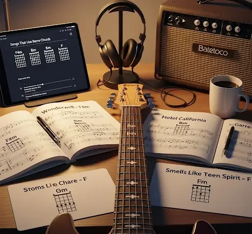 Barre Chords: Your Ultimate Guide to Mastering Guitar Chords Guitar with Barre Chords sheets, iPad tutorial, and headphones on table.