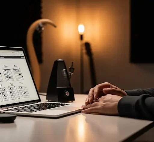 Barre Chords: Your Ultimate Guide to Mastering Guitar Chords Person practicing Barre Chords on laptop with music sheet, metronome, and guitar in cozy room