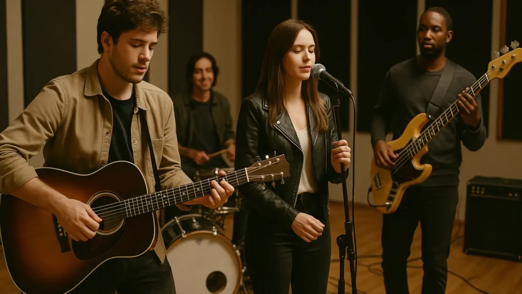 Top Pop Chord Progressions to Master in 2025: Guide to Catchy Hits "Band practicing Pop Chord Progressions with guitar, bass, drums, and vocals in a studio."