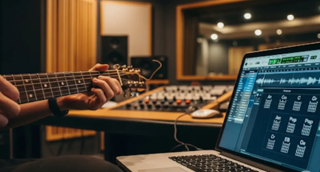 Top Pop Chord Progressions to Master in 2025: Guide to Catchy Hits "Musician playing guitar with laptop displaying Pop Chord Progressions in a recording studio."