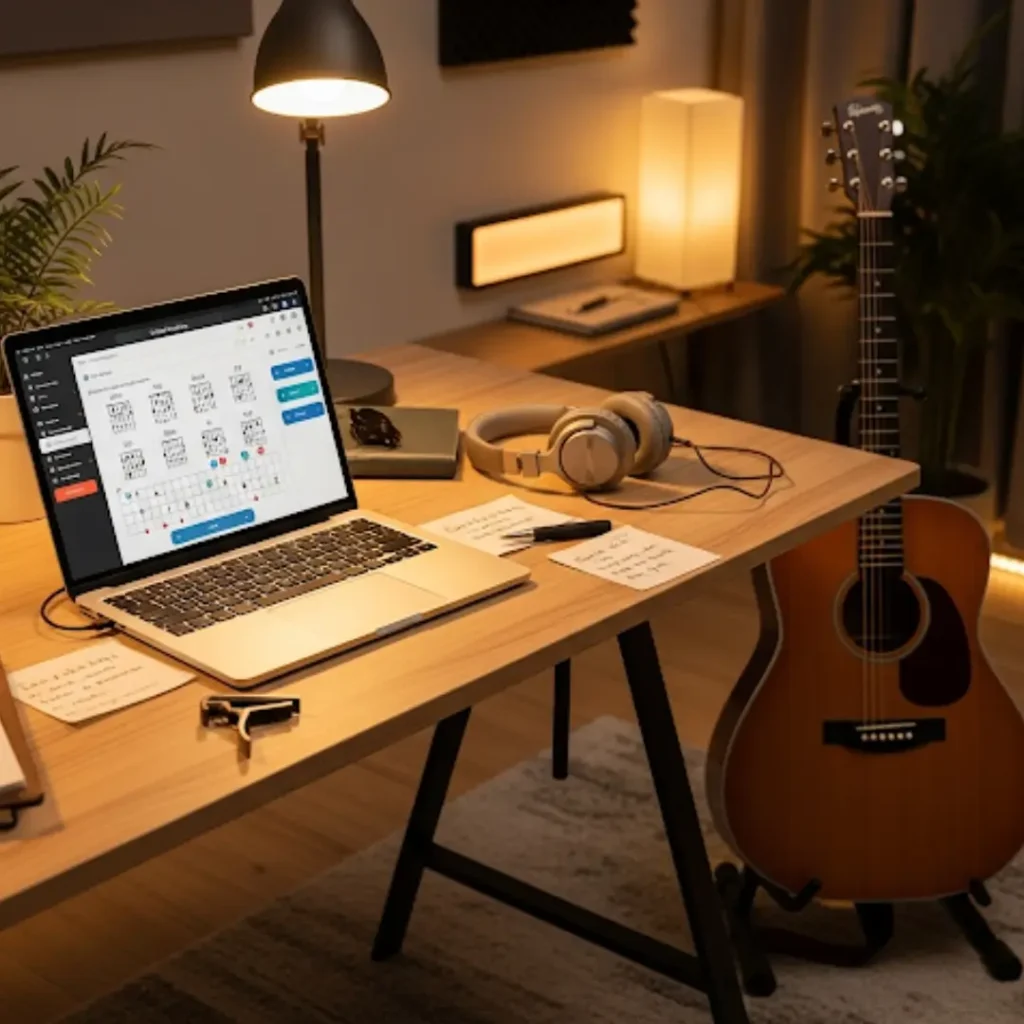 Top Pop Chord Progressions to Master in 2025: Guide to Catchy Hits "A laptop displaying Pop Chord Progressions on a music app, with a guitar, headphones, and notes on a desk."