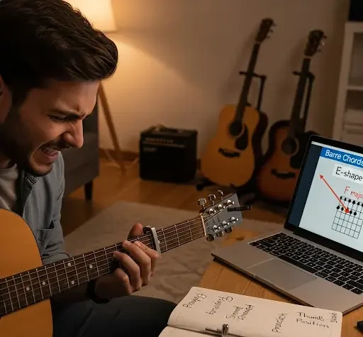 Barre Chords: Your Ultimate Guide to Mastering Guitar Chords Guitarist practicing Barre Chords with laptop tutorial and open notebook in cozy room
