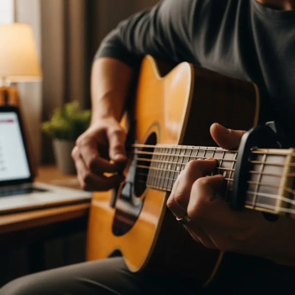 Master Triad Chords: Your Key to Catchy Pop Hits in 2025 Guitarist practicing Triad Chords with laptop in cozy room.