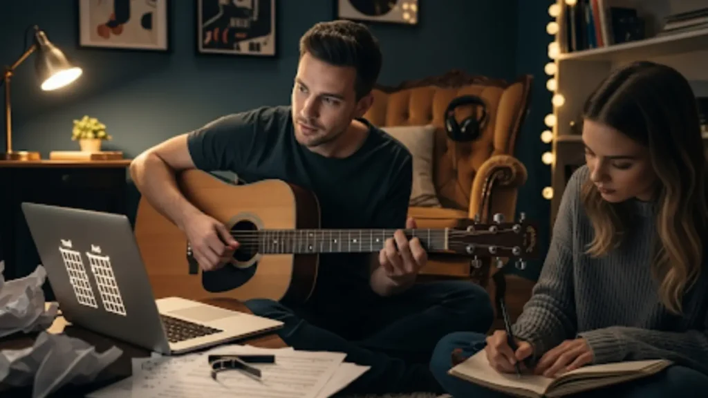 Master Triad Chords: Your Key to Catchy Pop Hits in 2025 Musician playing guitar with Triad Chords chart on laptop, collaborating with writer.