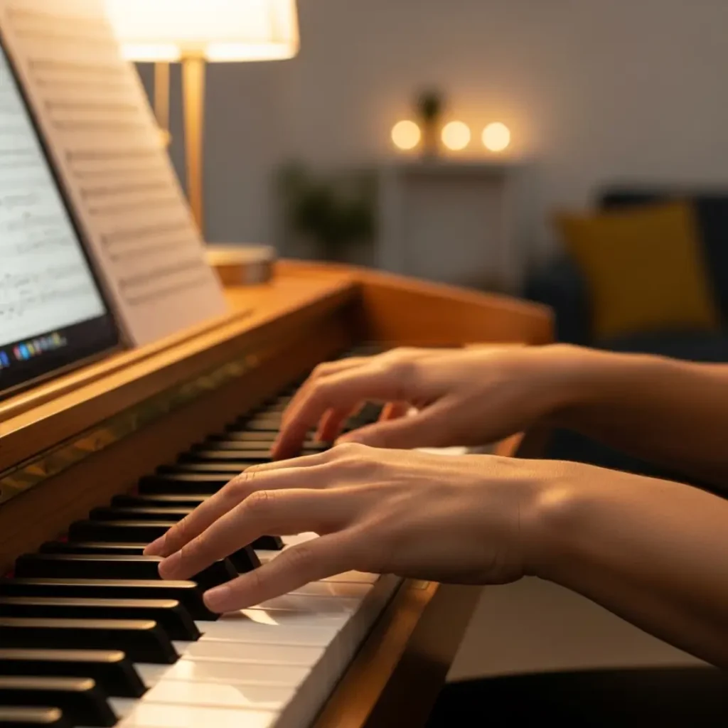 Master Triad Chords: Your Key to Catchy Pop Hits in 2025 Pianist practicing Triad Chords with sheet music on laptop.