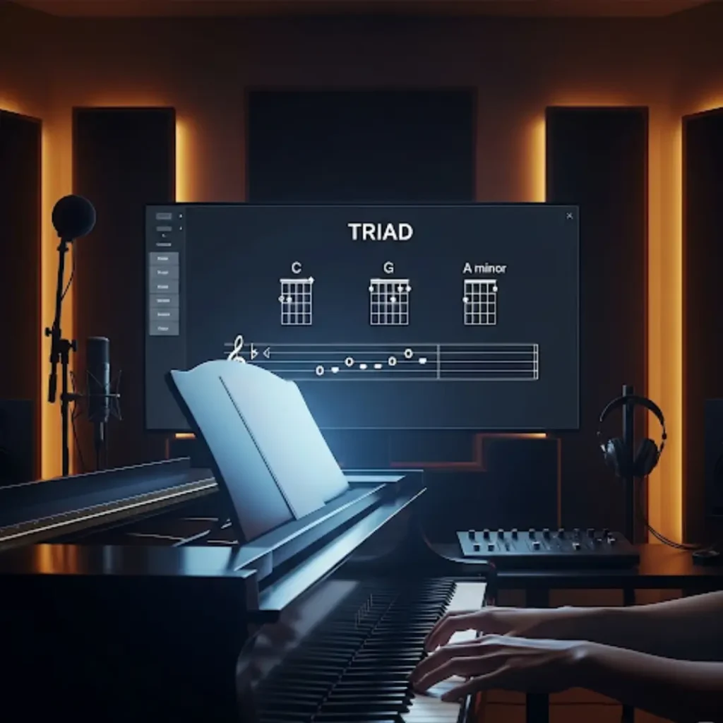 Master Triad Chords: Your Key to Catchy Pop Hits in 2025 Pianist practicing Triad Chords with digital chart in music studio.