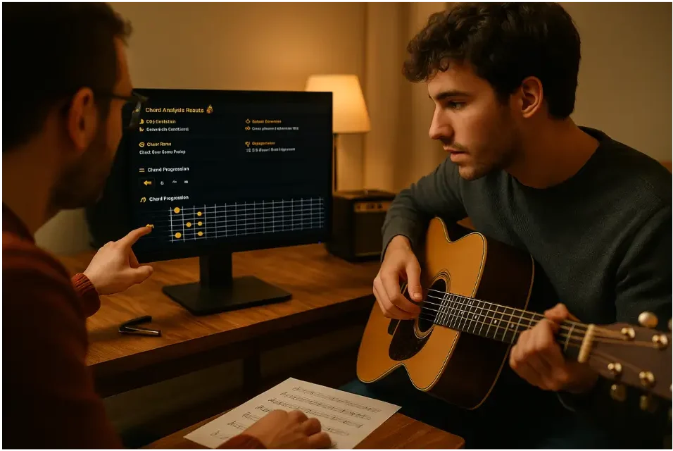 Chord Analyzer: The Ultimate Guide for Easy Music Theory Two people using Chord Analyzer on screen while practicing guitar with sheet music