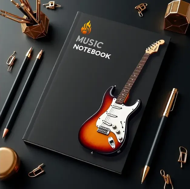 Chord Analyzer: The Ultimate Guide for Easy Music Theory Music notebook with guitar graphic and Chord Analyzer branding on desk