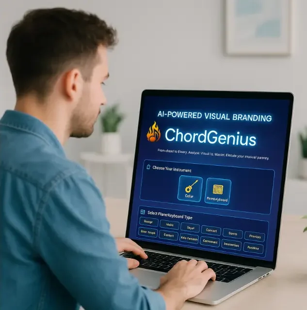 Chord Analyzer: The Ultimate Guide for Easy Music Theory Man analyzing guitar and keyboard chords with laptop-based Chord Analyzer tool.