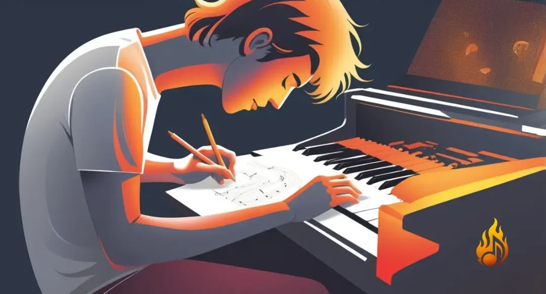 Piano Chord Finders: The Ultimate Music Theory Guide Musician composing with Piano Chord Finder on a grand piano