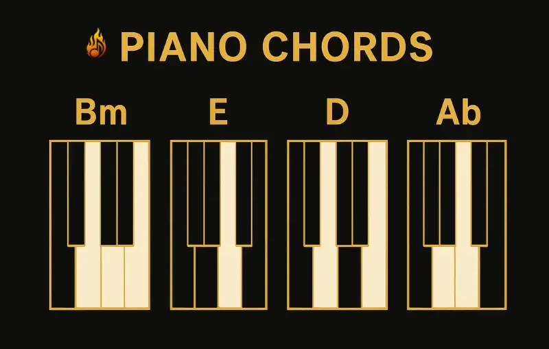 Piano Chord Finders: The Ultimate Music Theory Guide Illustration of Piano Chord Finder with Bm, E, D, and Ab chords on a keyboard layout.