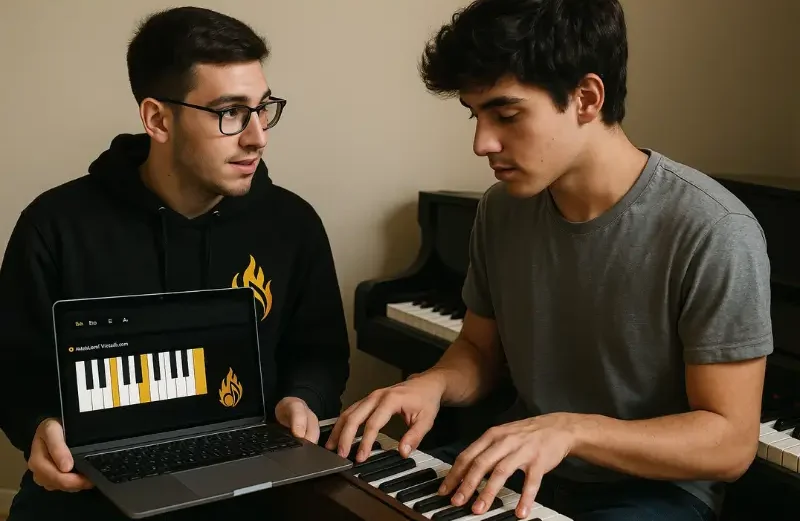 Piano Chord Finders: The Ultimate Music Theory Guide Two people using a laptop with a Piano Chord Finder tool while playing a keyboard.