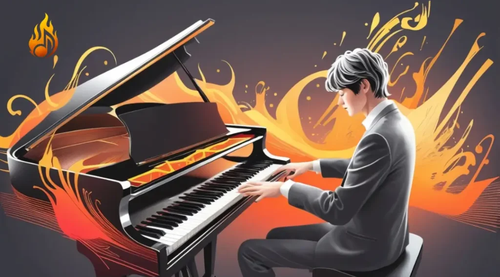 Piano Chord Finders: The Ultimate Music Theory Guide Pianist using Piano Chord Finder on a grand piano with vibrant background